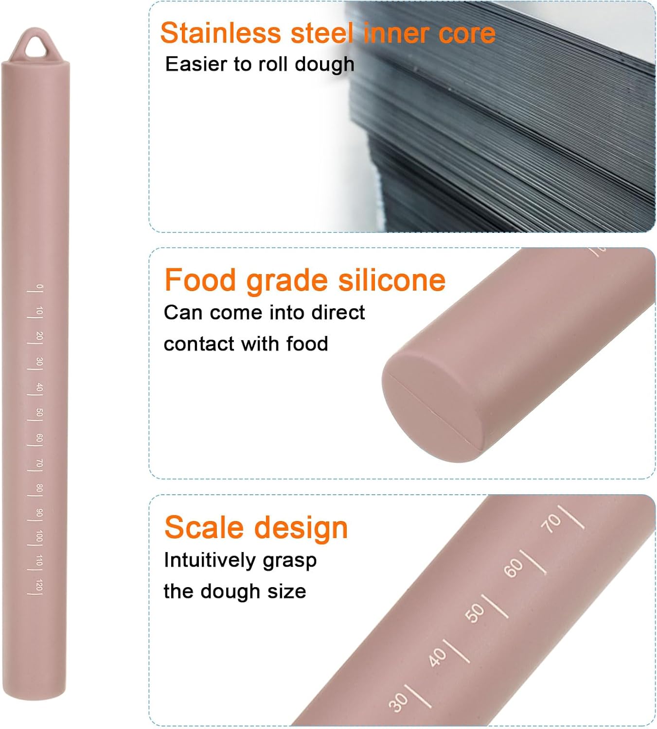 HARFINGTON Silicone Rolling Pin 10" Silicone Surface Smooth Non-Stick Stainless Steel Inner Core Dough Roller Kitchen Roller for Baking Pastry Pizza Fondant Bread, Pink