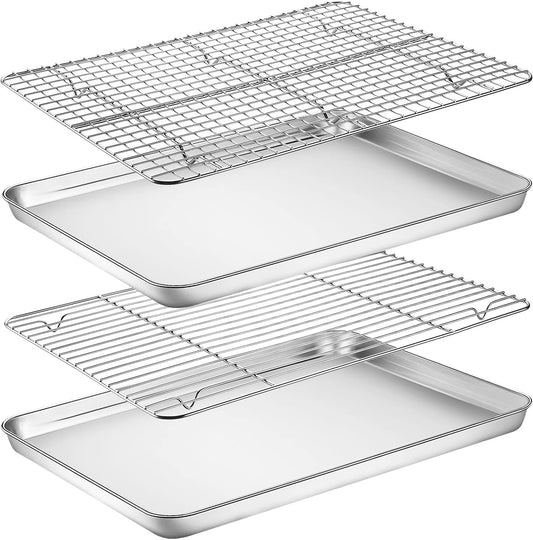 Baking Sheet with Rack Set, Yododo Set of 4 (2 Sheets + 2 Racks), Stainless Steel Cookie Sheet Baking Pan Tray with Cooling Rack, Non Toxic & Heavy Duty & Easy Clean - Size of 16 inch