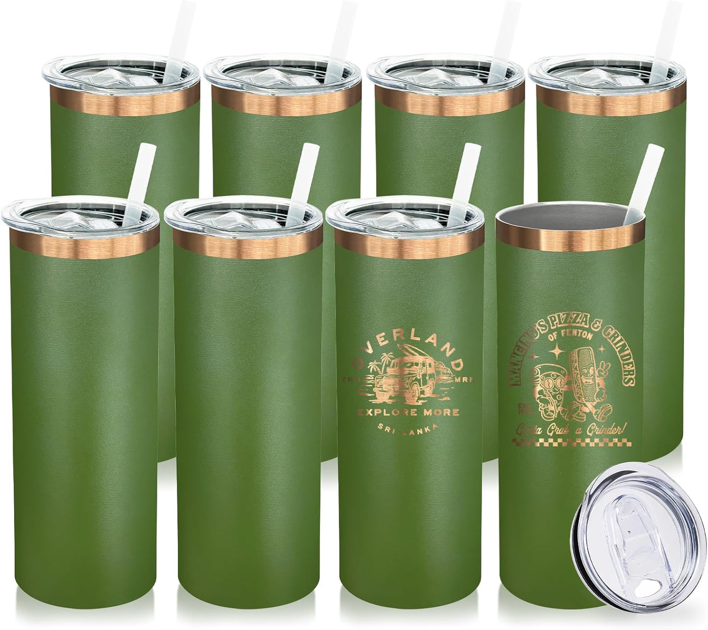 20 oz Skinny Tumblers Bulk 8 Pack, Stainless Steel Insulated Tumbler with Lids and Straws, Slim Double Wall Powder Coated Travel Coffee Mug Reusable Cup for Hot Cold Drinks (Army Green,8 pack)