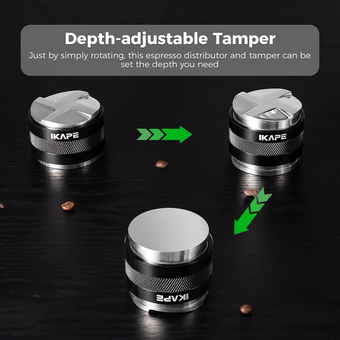 IKAPE Coffee Products, 53mm Coffee Distributor & Hand Tamper, Adjustable Depth Espresso Distributor Fits All 53mm Espresso Portafilter, Compatible with 54MM Breville Bottomless Portafilter (Black)