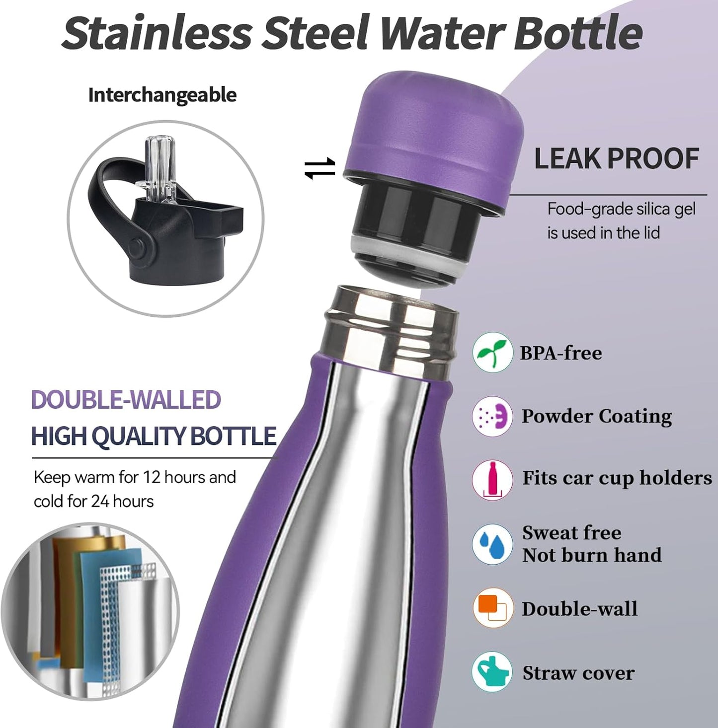 Insulated Water Bottle, 2 Pack-17oz Stainless Steel Water Bottles with straw lid, Metal Sports Water Bottles for Boys,Girls, Double Wall Vacuum BPA-Free Flask for School, Sports (Purple-Oasis)