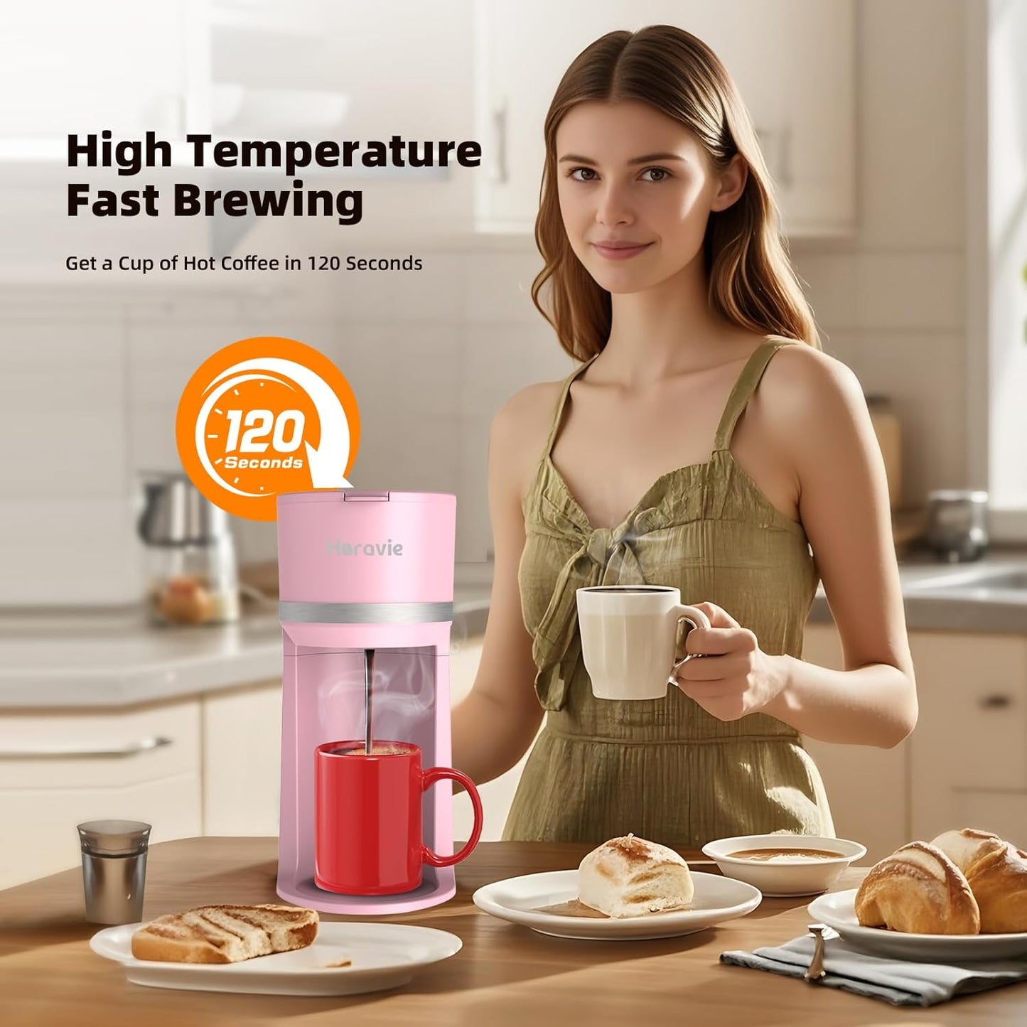 Mini Single Serve Coffee Maker for K Cup and Ground Coffee, Fast Brew One Cup Coffee Machine with Descaling Reminder and Water Window, 6 to 12 oz. Brew Sizes, Pink