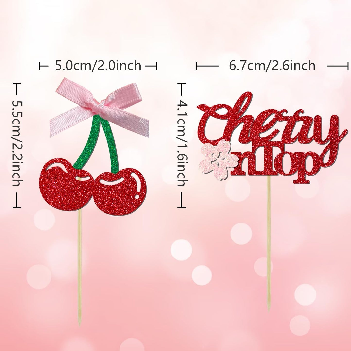 24 Pack She's the Cherry On Top Cupcake Toppers, Glitter Cherry Sweet Cake Pick for Fruits Theme Baby Shower and Bridal Shower Decorations Supplies (Ribbon Top)