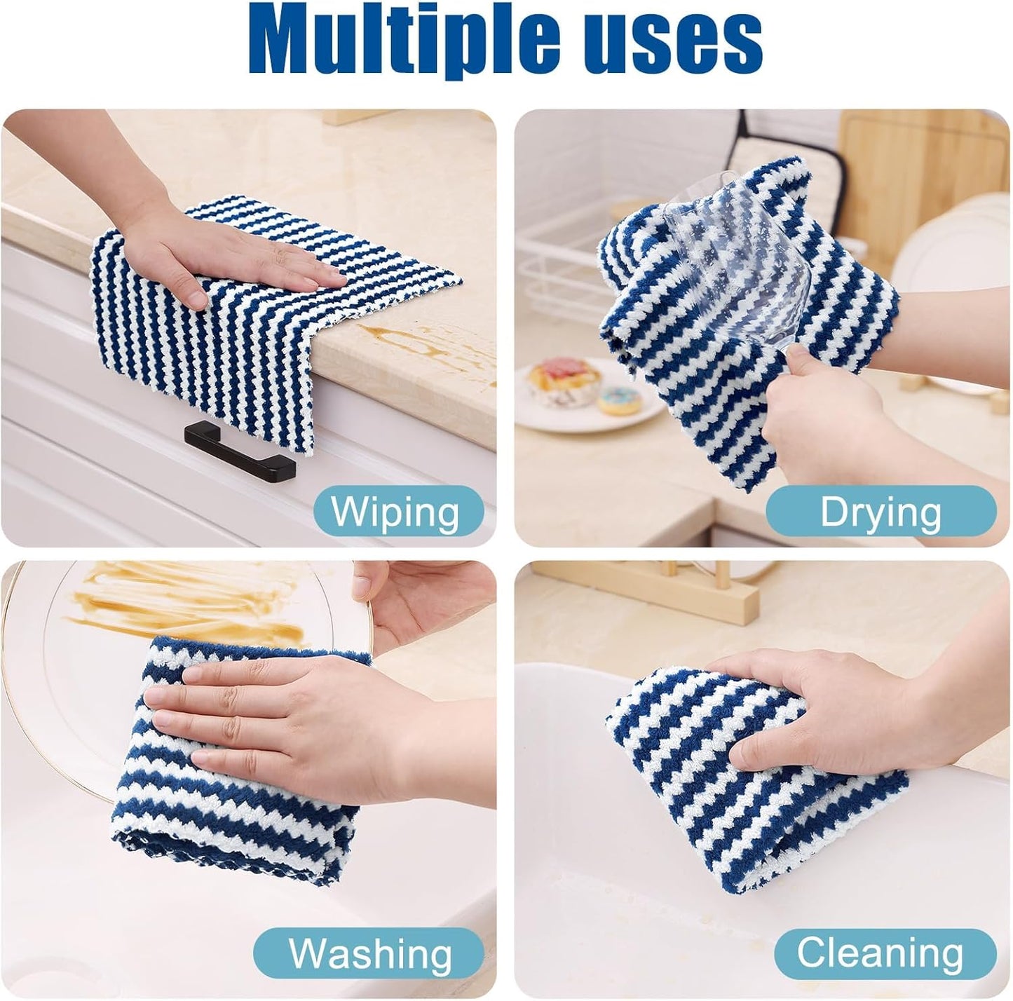 Homaxy 18 Pack Kitchen Dish Cloths, Ultra Soft and Absorbent Dish Towels, Reusable Fast Drying Microfiber Cleaning Cloth, Coral Velvet Wave Design No-lint, 10 x 10 inches, Navy Blue