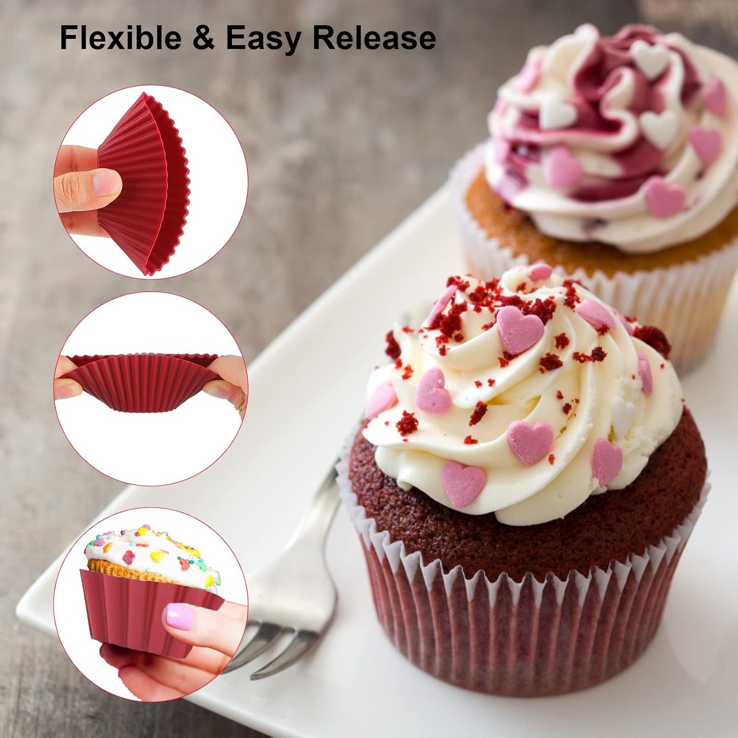 Nalchois Silicone Cupcake Baking Cups 12 Pack, Wine Red Reusable Silicone Muffin Cupcake Liners，Non-Stick Easy Release Silicone Baking Molds BPA Free for Cupcakes Muffins Pudding Tart Jelly Mousse