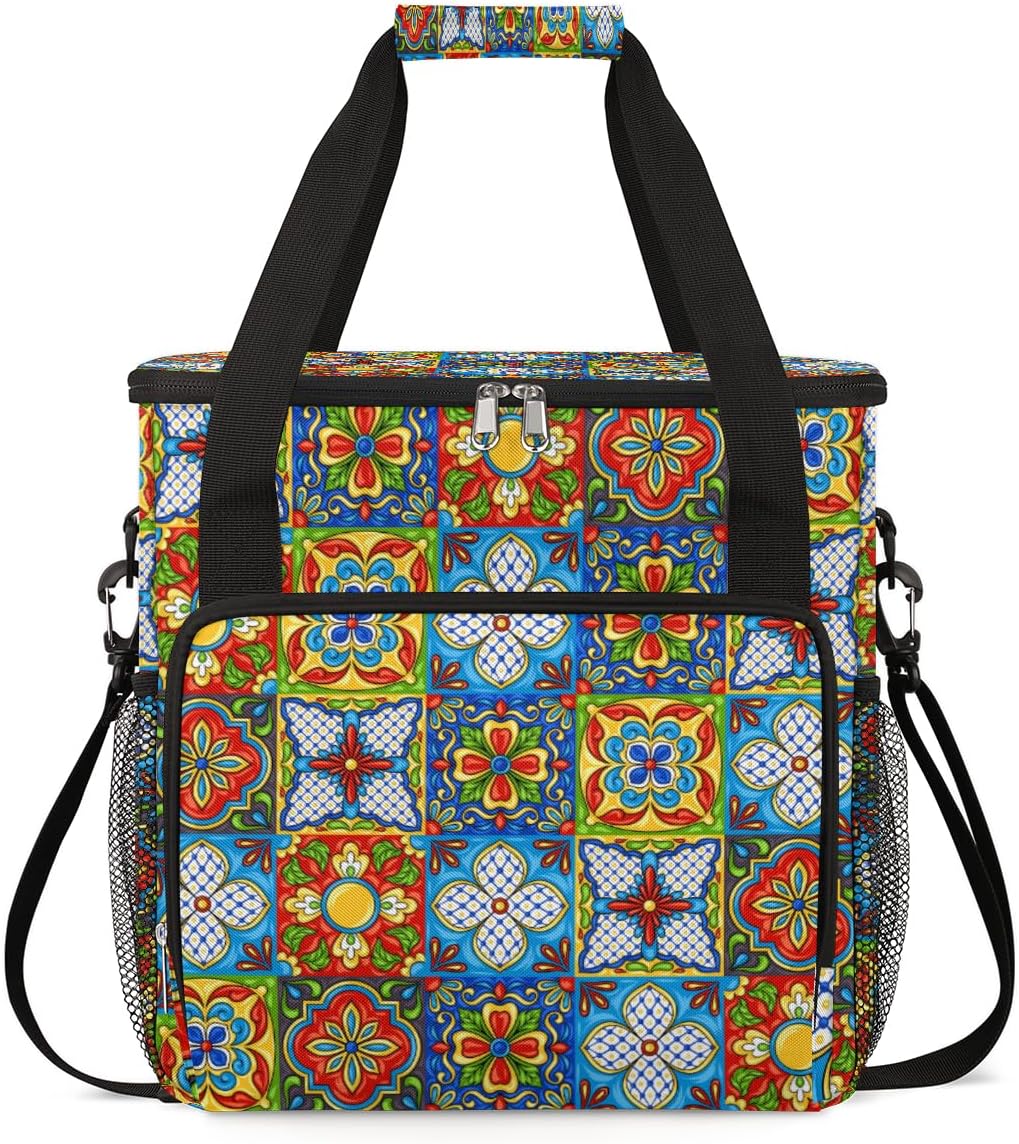 Ethnic Mexican Colorful Flowers Plaid Coffee Maker Carrying Bag, Coffee Machine Travel Storage Tote Bag Compatible with K-Mini or K-Mini Plus, Portable Single Serve Coffee Brewer Case with Pockets