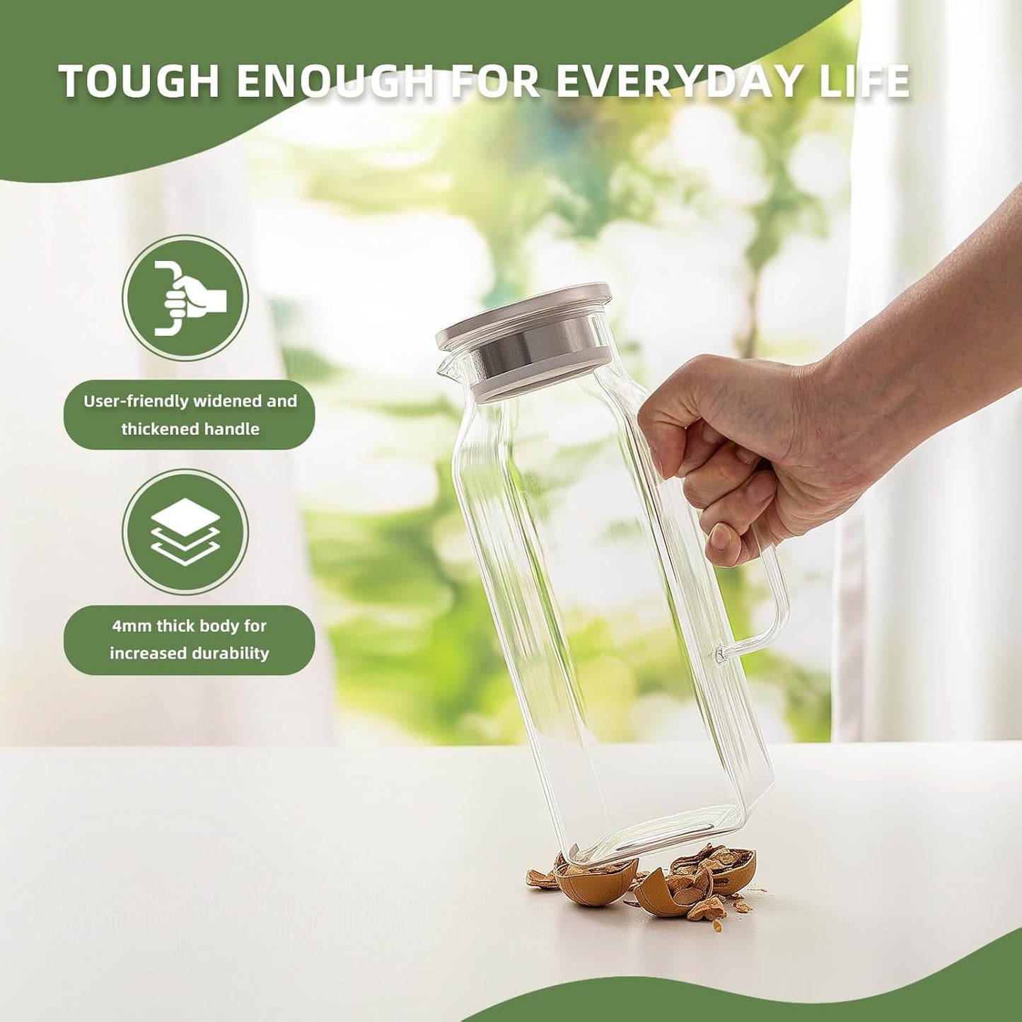 Glass Pitcher, 2 Pack 2L/68oz Glass Water Pitcher with Lid and Spout, Heat/Cold Resistant Borosilicate Glass Water Carafe for Coffee, Juice and Homemade Beverage (TG05)