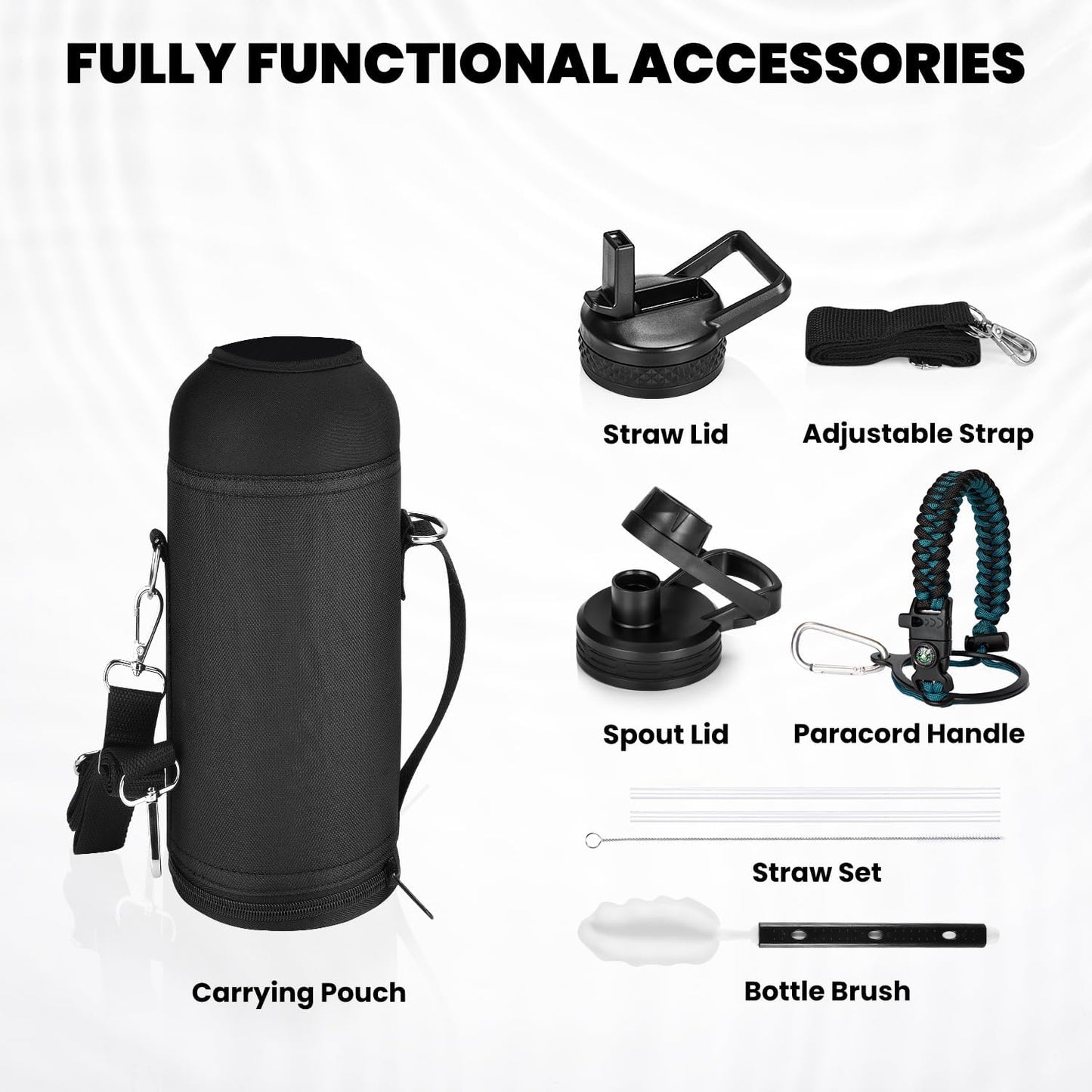Insulated Water Bottle 40 oz, Triple Wall Vacuum Stainless Steel (Cold for 48 Hrs), Leak Proof & Non-BPA, Modern Water Flask Jug with Paracord Handle & Straw Spout Lids, Indigo/Black