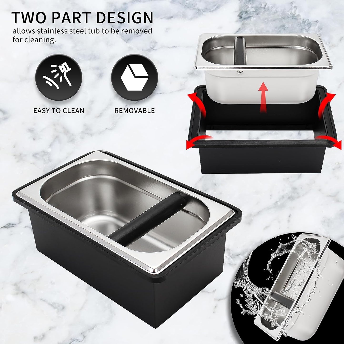 Espresso Knock Box,Stainless Steel Coffee Pucks Container, with Steel Holder and Noise Reduction Rubber Ring (10.94 x 6.88 x 4.25 inch)