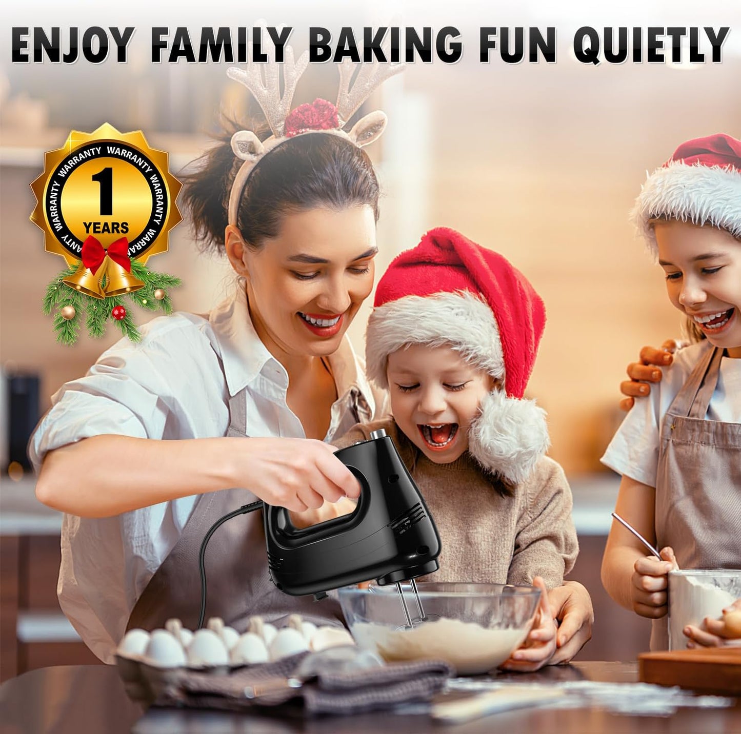 Electric Hand Mixer with Stainless Steel Whisk, Dough Hook Attachment and Storage Bag, Handheld Mixer for Baking Cakes, Eggs, Cream Food Mixers. Turbo Boost /5 Speed Kitchen Blender