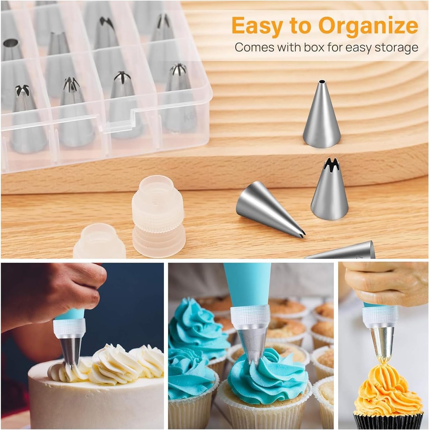 55PCS Piping Bags Tips Set Reusable Pastry Bags and Frosting Tips Cakes Decorating Kit for Cookie Icing, 2 Icing Bags, 49 Icing Tips, 3 Couplers, 1 Storage Box