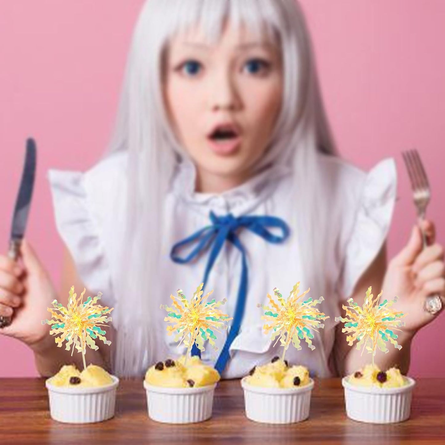 Gyufise 20Pcs Foil Firework Cupcake Toppers Happy Birthday Cake Toppers Tinsel Flower Drink Stirrers Cocktail Food Fruit Toothpicks for Valentine's Day Party Birthday Wedding Supplies Yellow