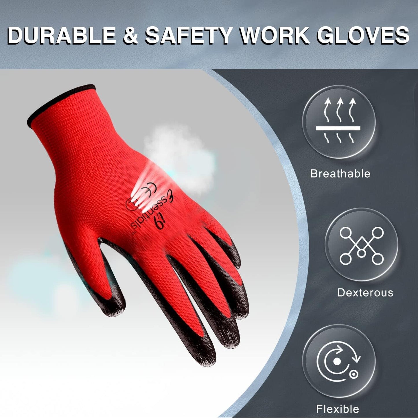I9 Essentials Nitrile Coated Work Gloves - 12 Pairs Large, Durable, Breathable Safety Gloves for Construction, Gardening, Carpentry – Washable, Reusable for men and women