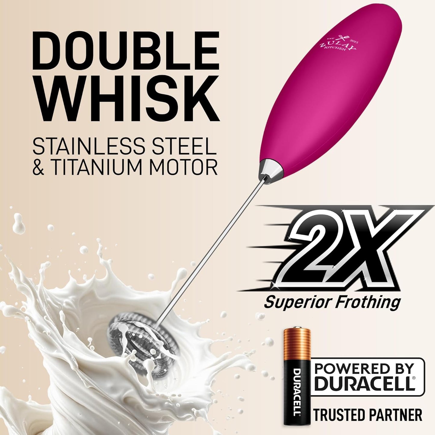 Zulay Kitchen Whisk Milk Frother with 4 Duracell Batteries - Powerful Handheld Foam Maker for Coffee, Lattes, Matcha, Hot Chocolate & Cappuccinos - Whip Creamy Froth in Seconds