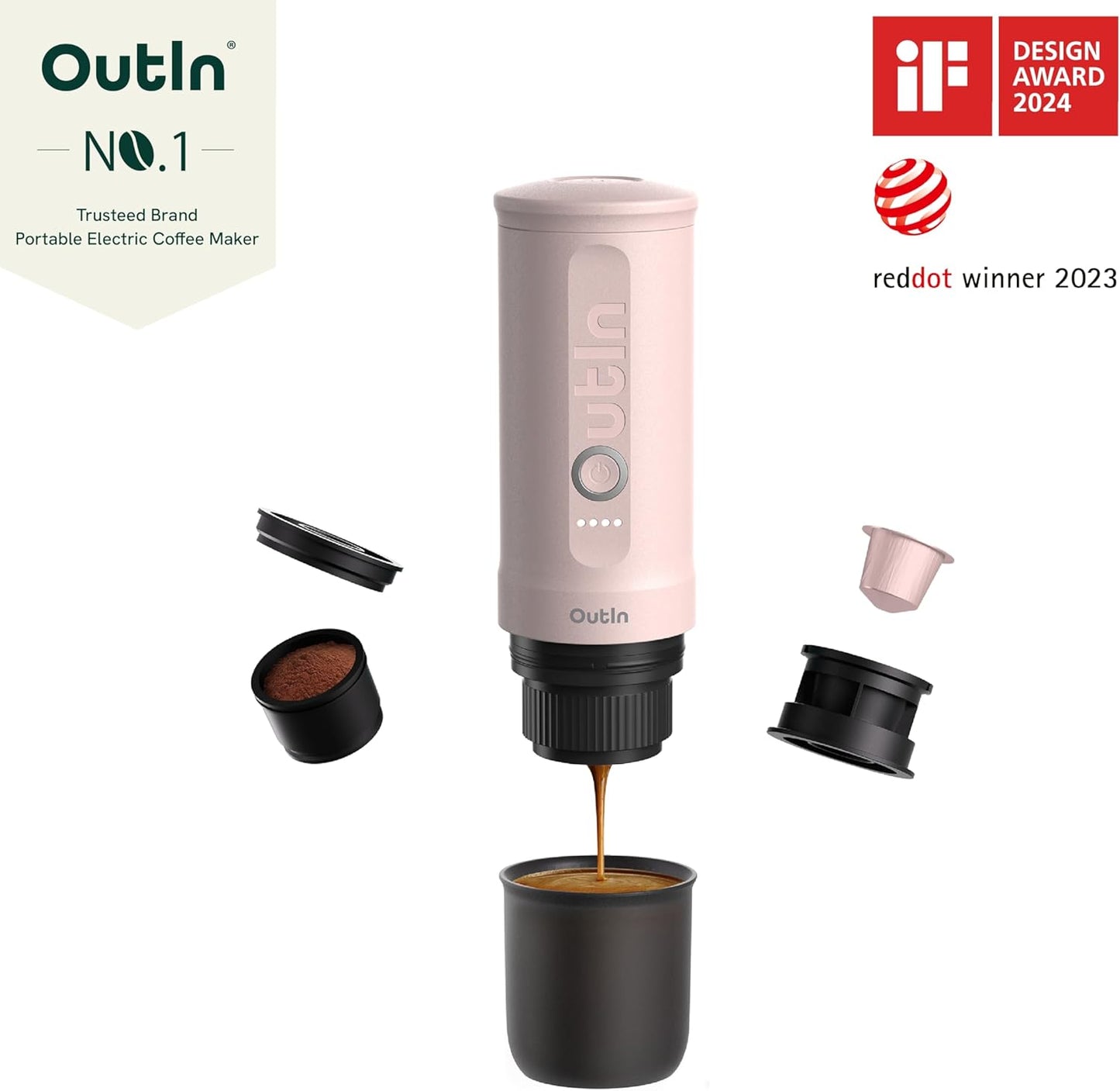 OutIn Nano Portable Electric Espresso Machine, Travel Coffee Maker for Camping, Car Coffee Maker Self-Heating with USB-C, With Ground Coffee & NS Capsule for RV, Hiking, Office