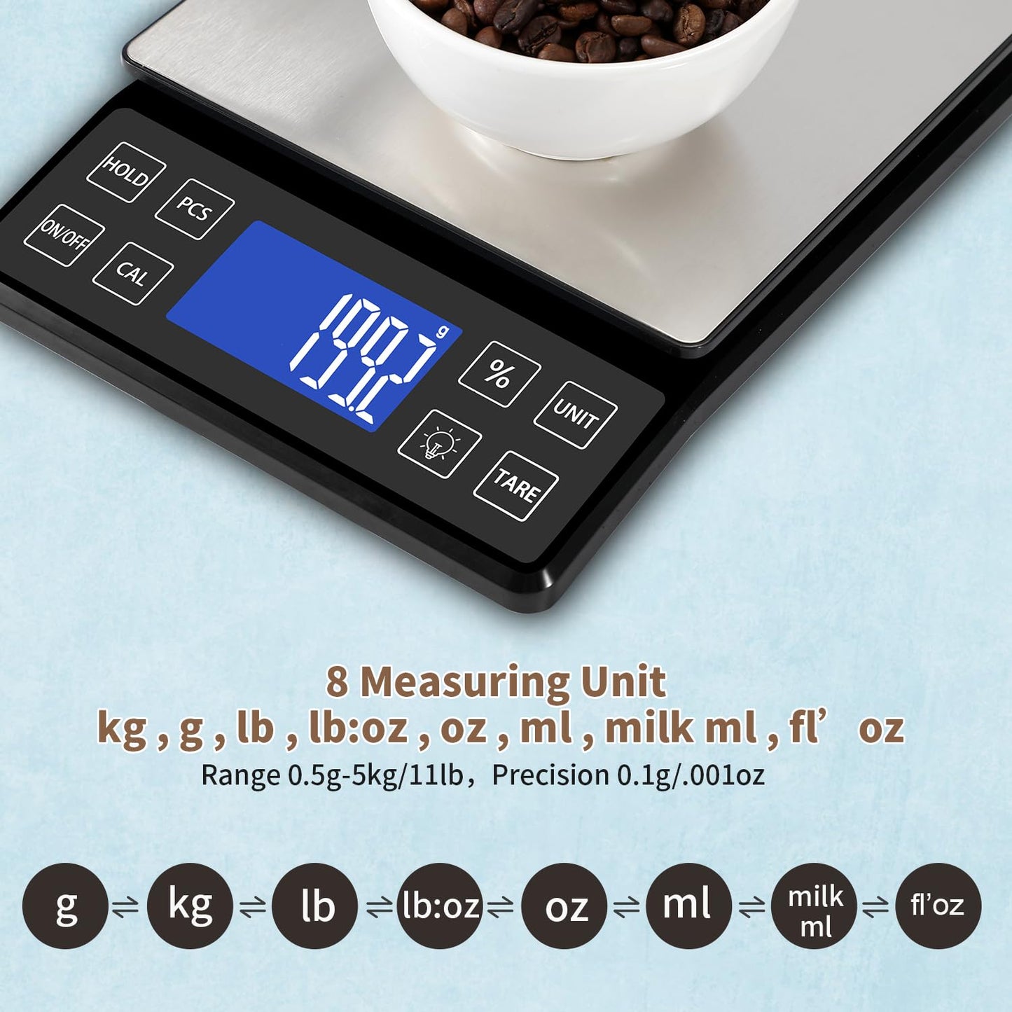 Digital Kitchen Scale with 0.1g/0.001oz High Precision, 5kg/11lb Food Bakery Scale with% Percentage Function, Tare Function, USB Rechargeable or AAA Battery Power, Stainless Steel Pan