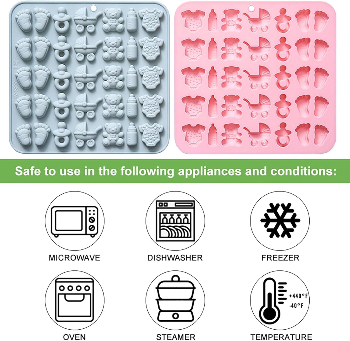 Baby Chocolate Mold Set Silicone Baking Molds with Footprint, Stroller, Reusable for Newborn Cakes, Diaper Party Treats Baby Favors - 2 Pack