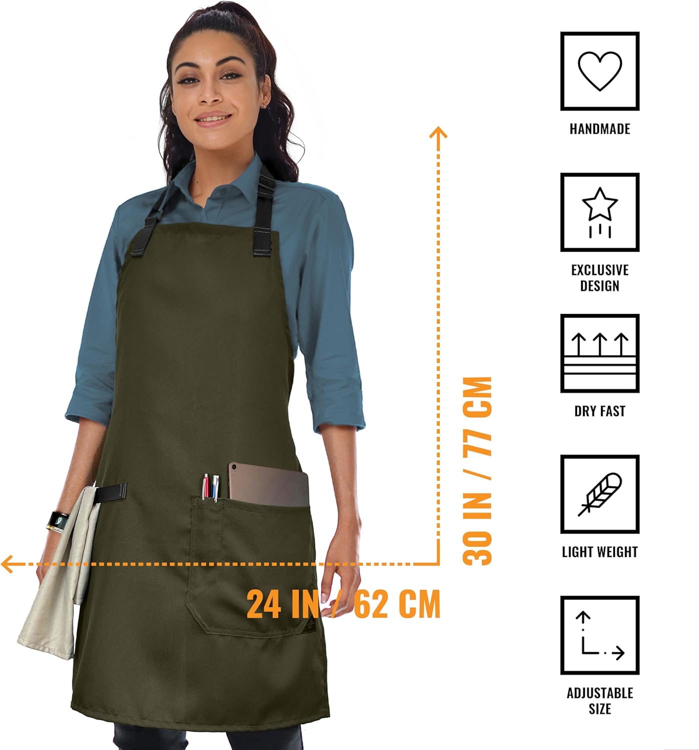 Under NY Sky Super Light Apron - Pocket, Towel Loop, Leather Reinforcement - Kitchen Bib Apron - Cook, Chef, Server, Barista