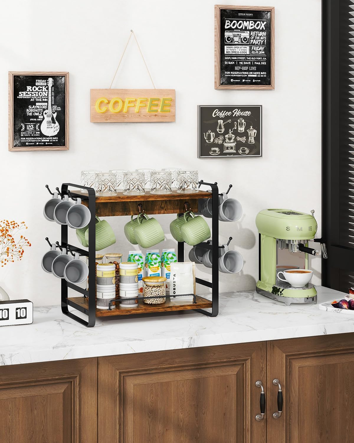 IBUYKE Coffee Bar Station Countertop Organizer,2 Tier Kitchen Mug Cup Holder Stand,Wooden Coffee Mug Organizer with 18 Hooks,Multifunctional Mug Tree for Home Kitchen, Office,Vintage Brown UTBJ006H