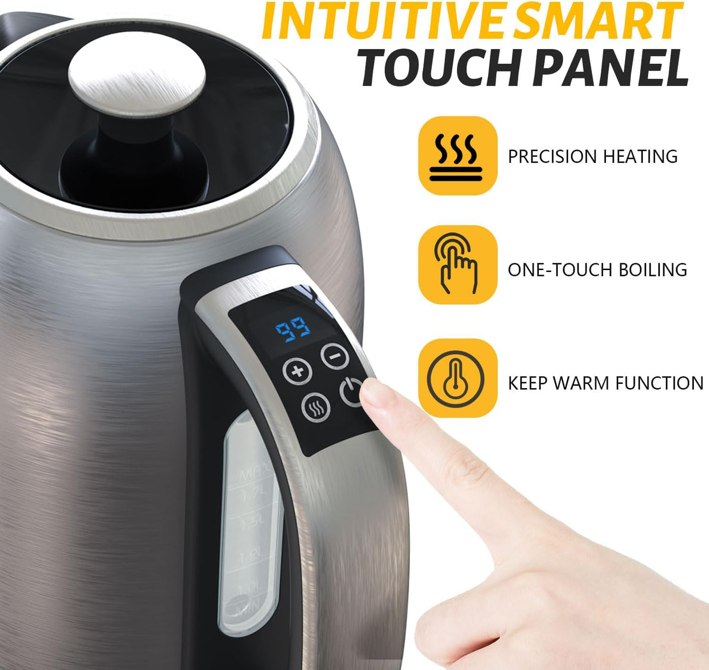 Electric Kettle, 1.7L/1500W, Stainless Steel, Digital Touch Panel, Keep Warm Function, Auto Shutoff, BPA-Free, Hot Water Kettle for Coffee & Tea, No Plastic Contact with Water (Black)