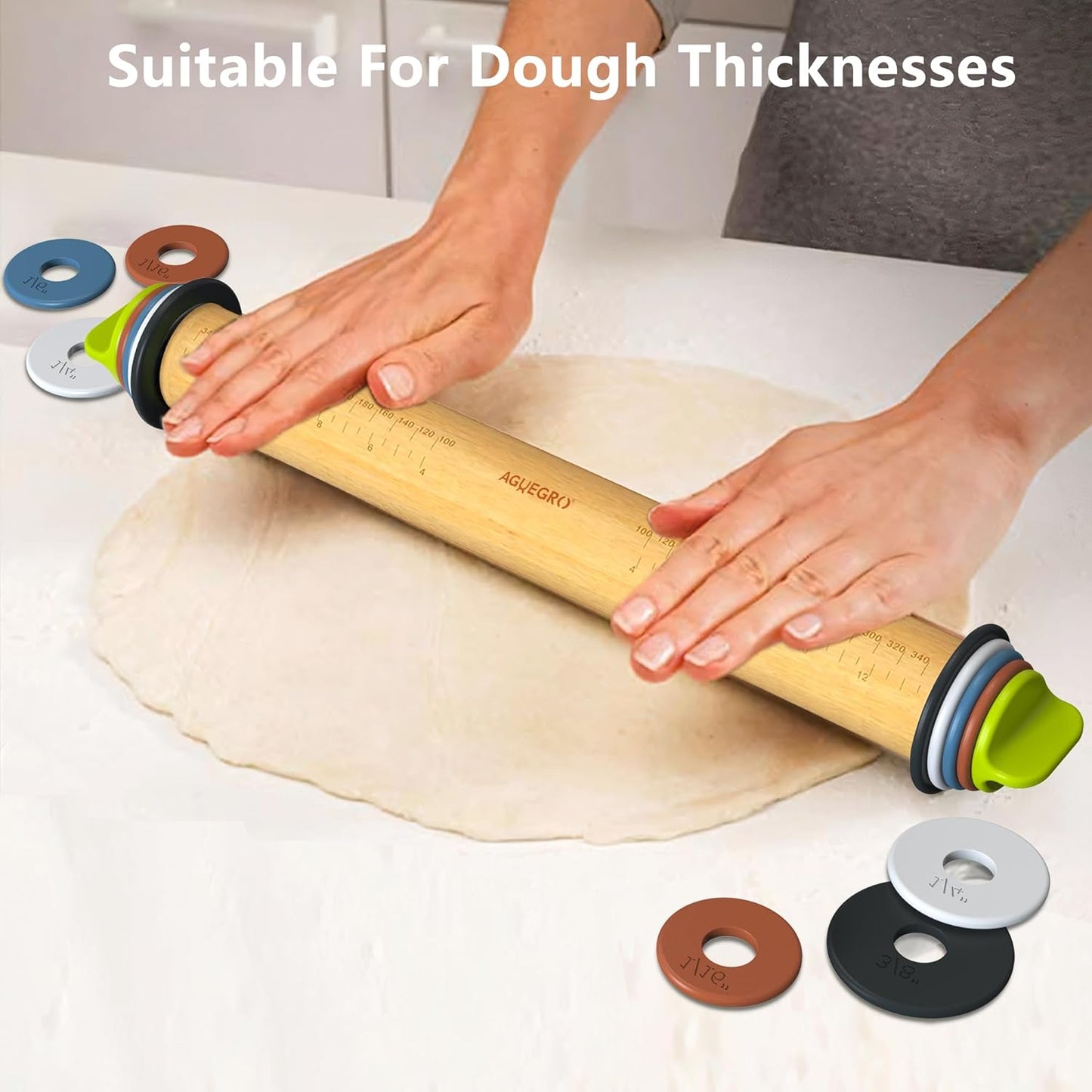 Rolling Pin with Adjustable Thickness Ring and Silicone Baking Mat for Baking, Fondant,Pizza,Pie,Cookies,Pastries,13.6"Wooden Rolling Pin Dough Roller with 4 Multi-Color Thickness Rings