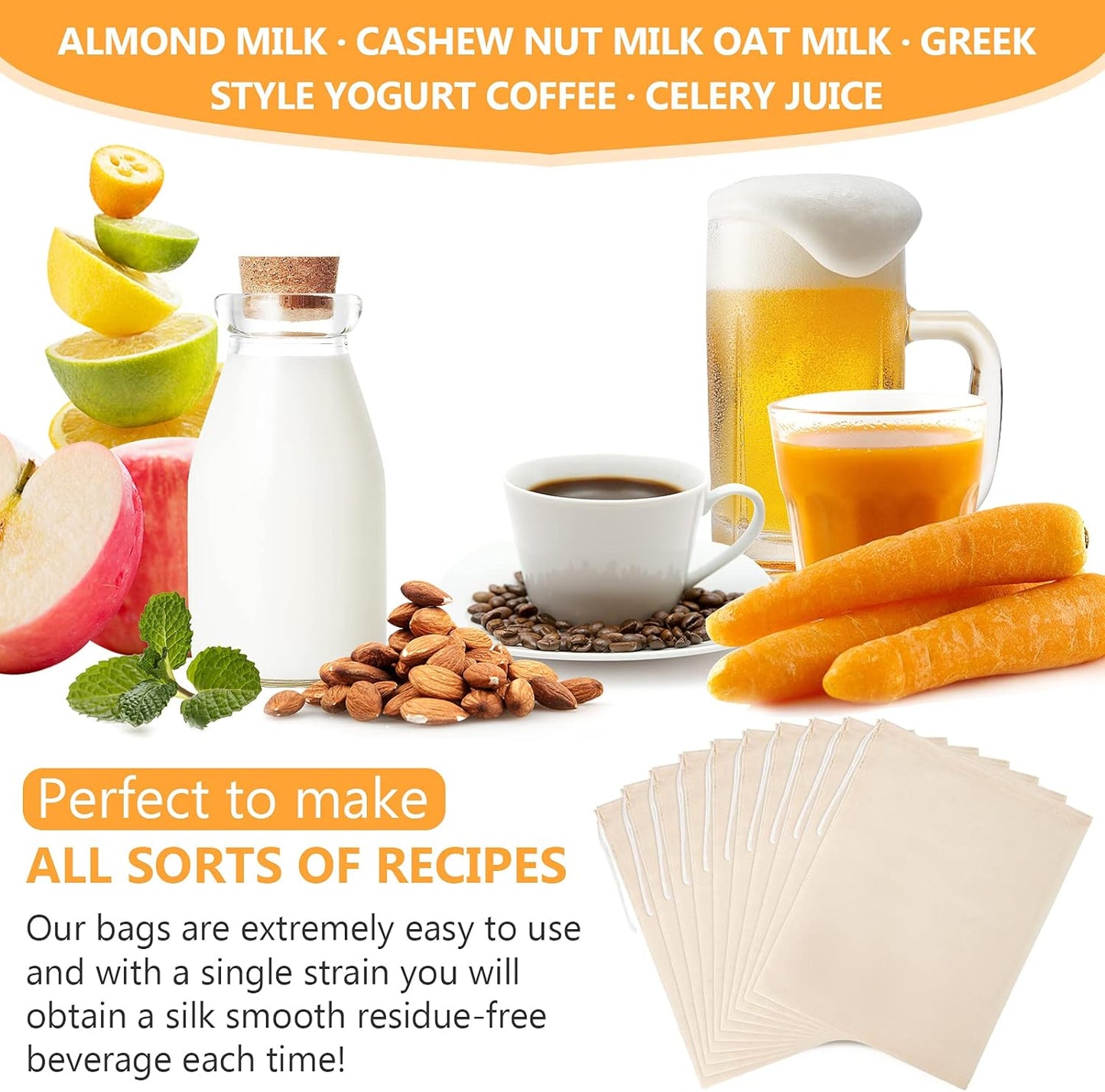 10 Pack Nut Milk Bag, 10‘’ x 12‘’ Fine Mesh Grade Reusable Cheesecloth Bags Strainers, Unbleached Organic Cotton Filter Bags for Almond Milk, Juices, ColdBrew, Cheese, Tea, Yogurt, Coffee