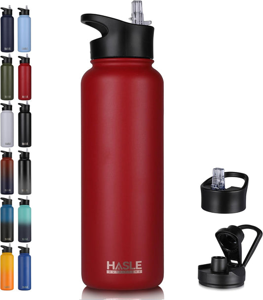 HASLE OUTFITTERS 40oz Stainless Steel Water Bottle, Vacuum Insulated Double Walled Leak Proof Sports Water Bottle with 2 Lids (Straw and Spout Lid) Thermo Mug Keep Cold and Hot(Red,1)