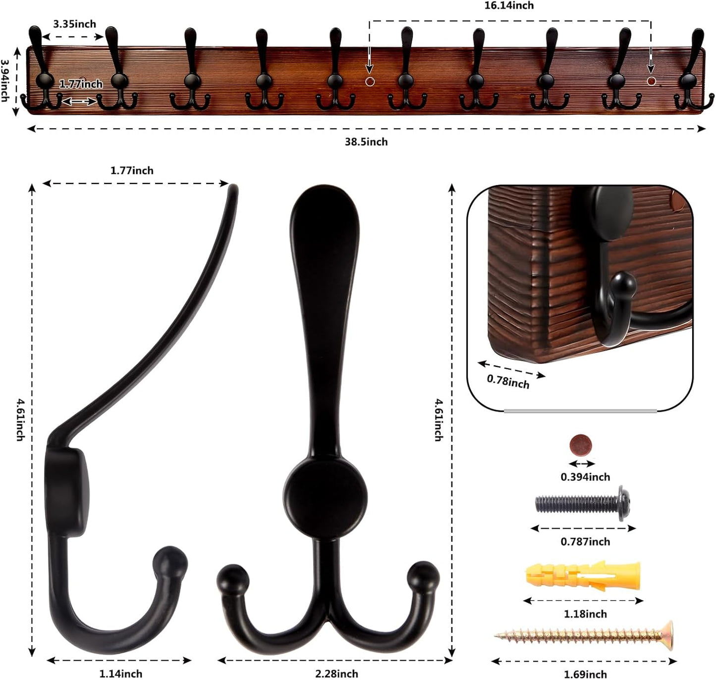 38.6'' Large Coat Rack Wall Mount Coat Hooks Coat Hanger with 10 Metal Black Triple- Hooks Brown Pine Real Wood Plank Hat Rack for Wall Hooks for Hanging Coat Hat Jacket