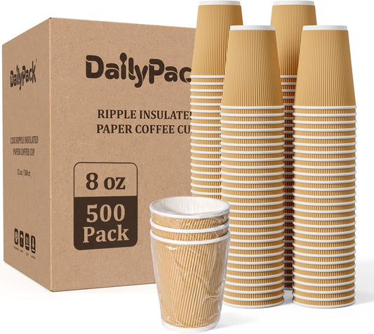 500 Pack 8 oz Paper Coffee Cups, Ripple Insulated Paper Cups, Hot Water Cups for Home, Office, Hotel, Meetings, Parties