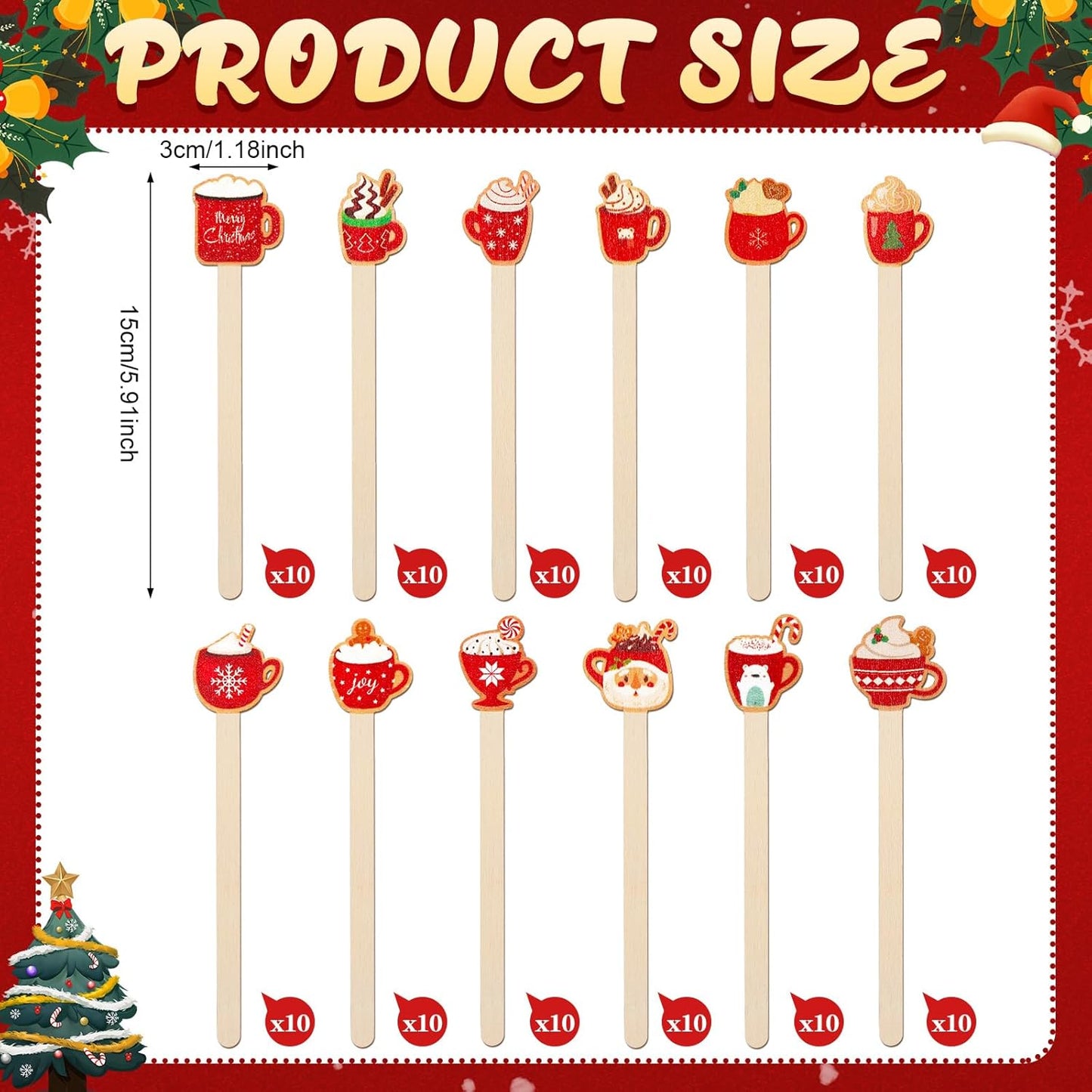 Jinei 120 Pcs Christmas Hot Chocolate Cup Coffee Stir Sticks Natural Wooden Disposable Drink Stirrers for Hot Chocolate Milkshake Cocktail Restaurant Home Office
