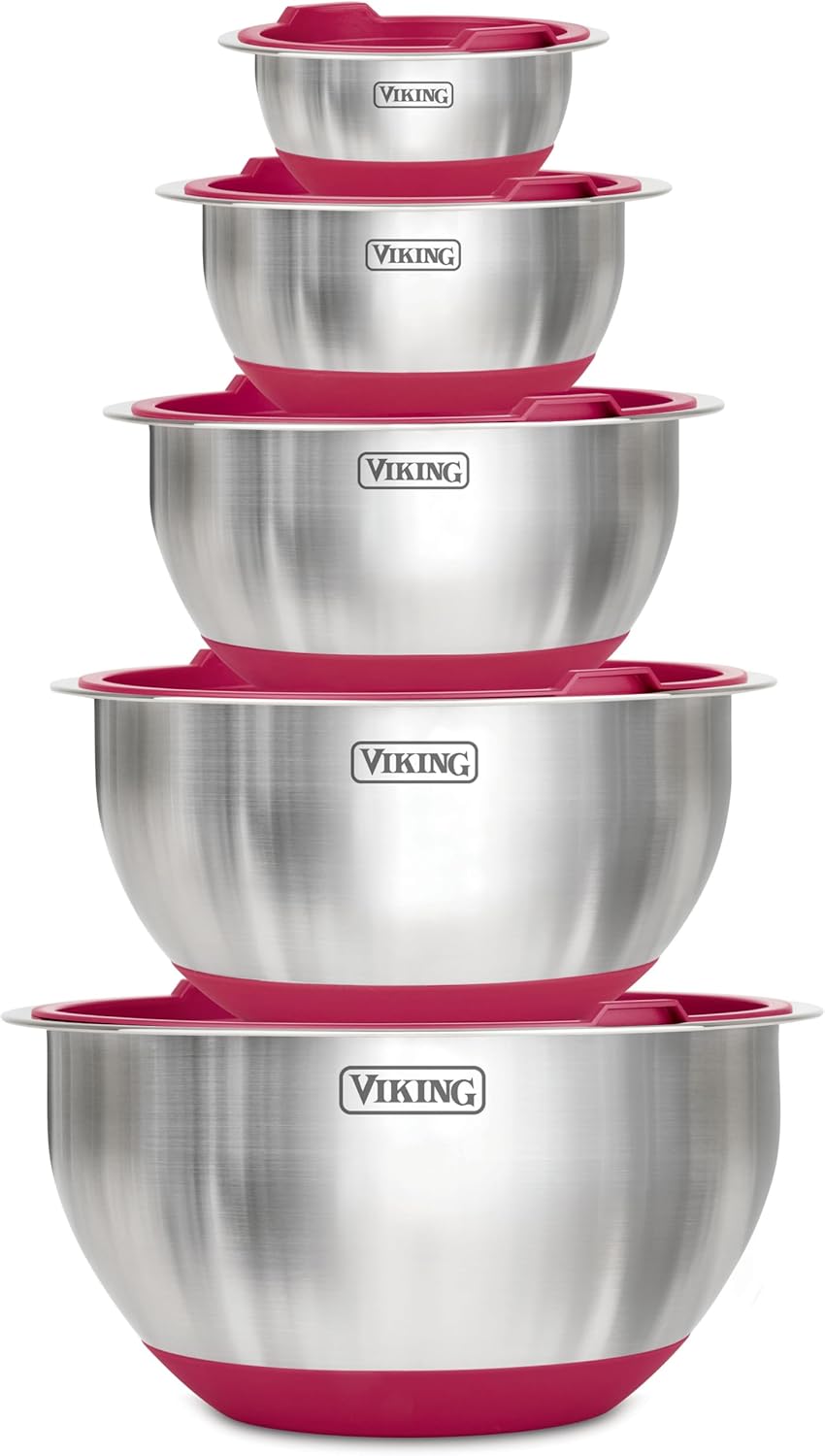 Viking Mixing Bowls Set, 10 Piece Stainless Steel Kitchen Cookware, Non-Slip Silicone Base, Includes Tight Fit Lids, Dishwasher Safe, Red