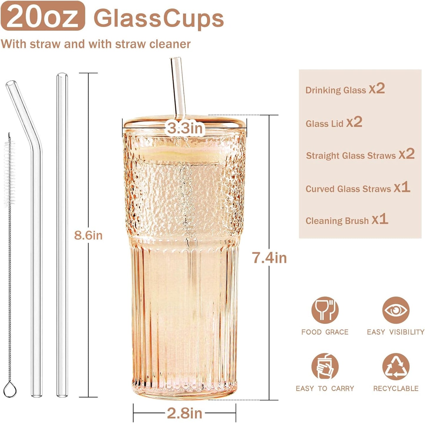 GOSCHE Glass Cups with Lids and Straws, 20oz Drinking Jar Glass Tumbler Iced Coffee Cups Set, Vintage Ripple Glassware Smoothie Cups for Water Coffee Tea, Amber, 2 Pcs