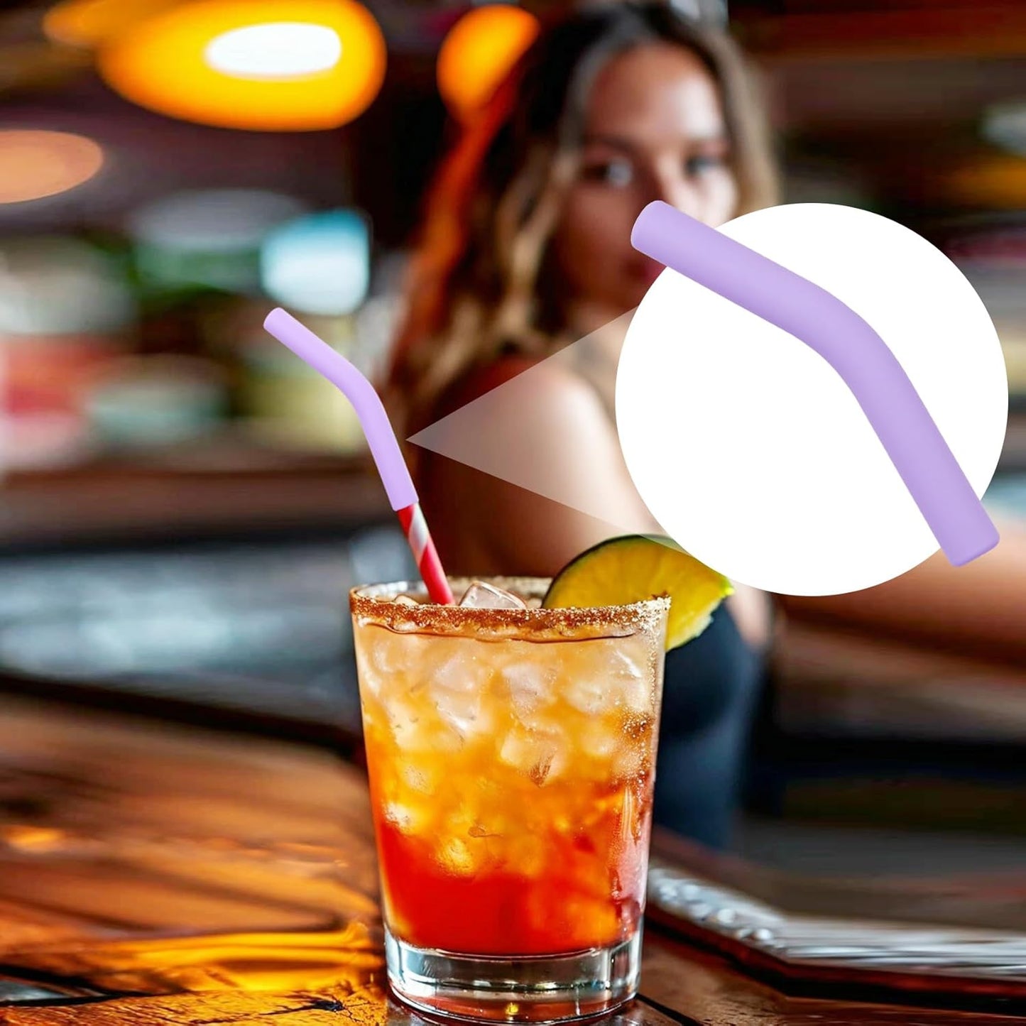 6pcs Food-Grade Silicone Metal Straw Tips, Reusable Flex Elbow Straws Cover Replacement Tips, Soft Straw Toppers Kits for 8 mm Stainless Steel Metal Straws - Light Purple