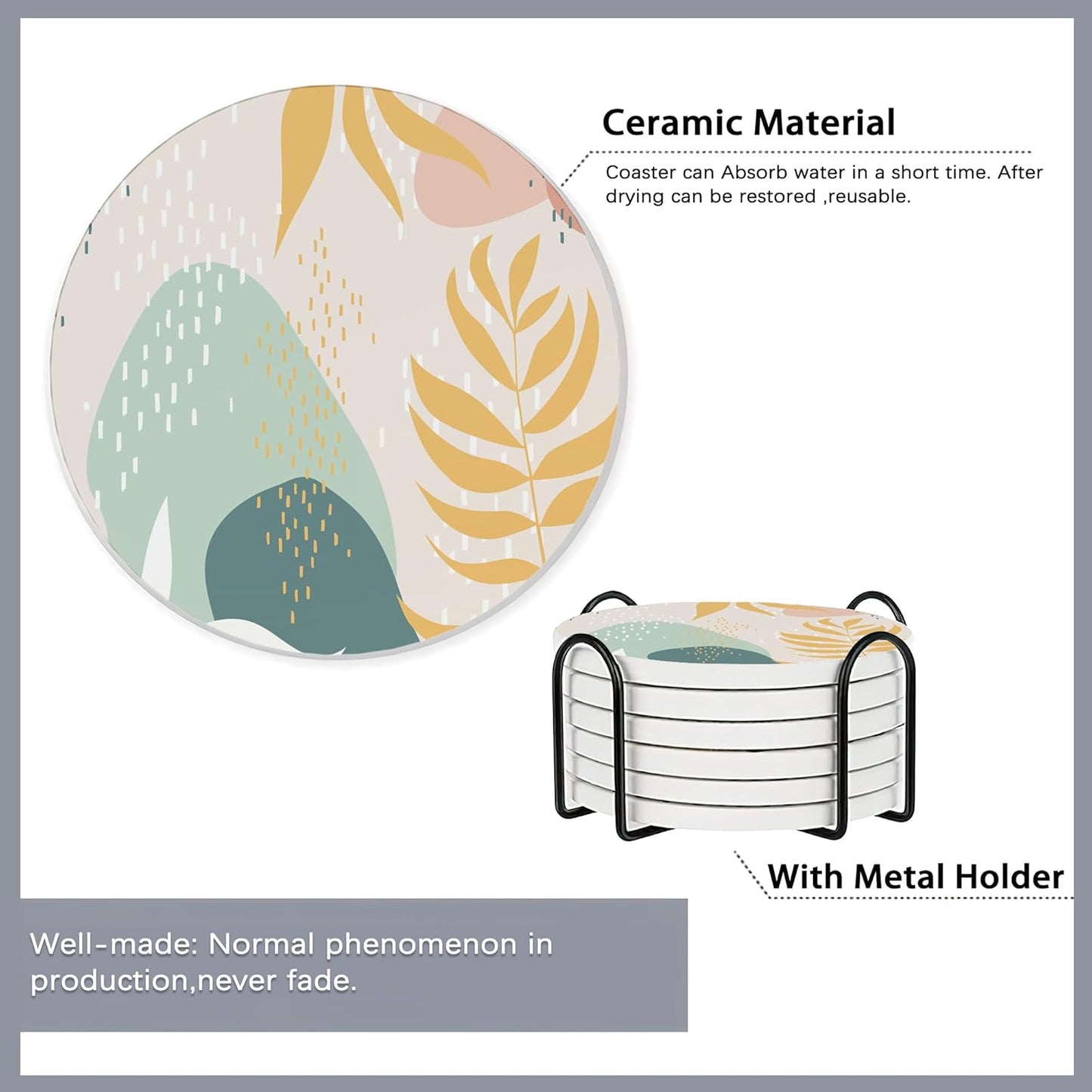 Drink Coasters Set of 6 with Holder,Abstract Dots and Leaves Absorbent Ceramic Coasters with Cork Base,Fit All Cups,Tabletop Protection Mat for Mugs and Cups,Office,Kitchen