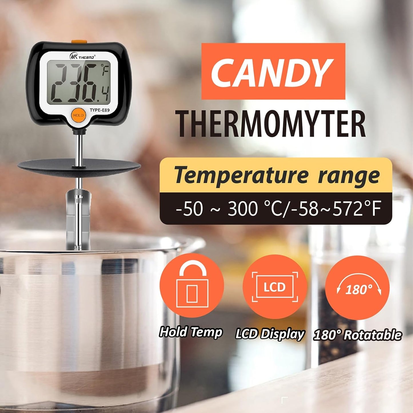 Digital Candy Thermometer with Adjustable Display, 304 Stainless Steel Probe, -58°F~572°F, Black Body, Includes 2 Pot Clips & Heat-Insulating Pad for Sugar Syrup, Jam, Chocolate, Frying Oil