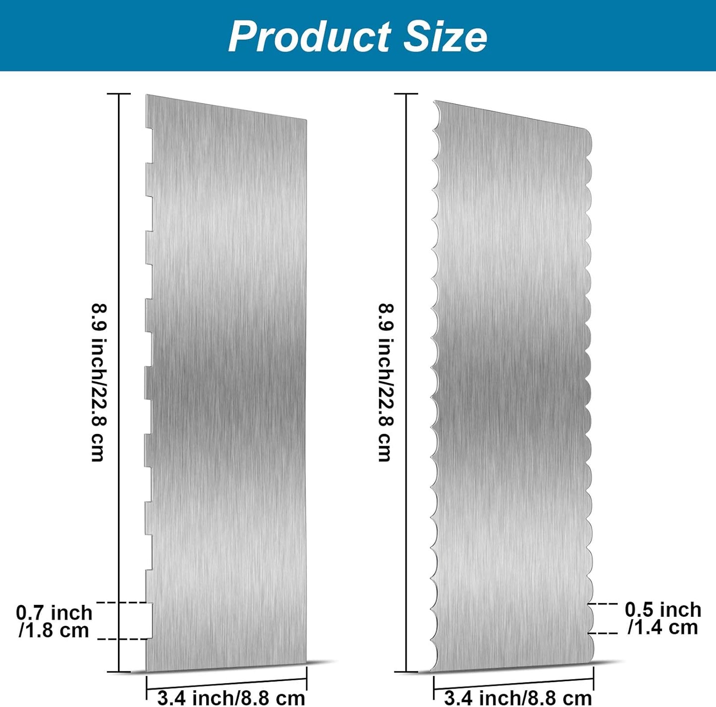 2 Pieces Stainless Steel Cake Scraper Large Double Sided Patterned Edge Stripe Edge Smoother Scraper Cake Decorating Comb Pastry Cutter for Mousse Butter Cream Decoration(9 x 3.4 Inches)