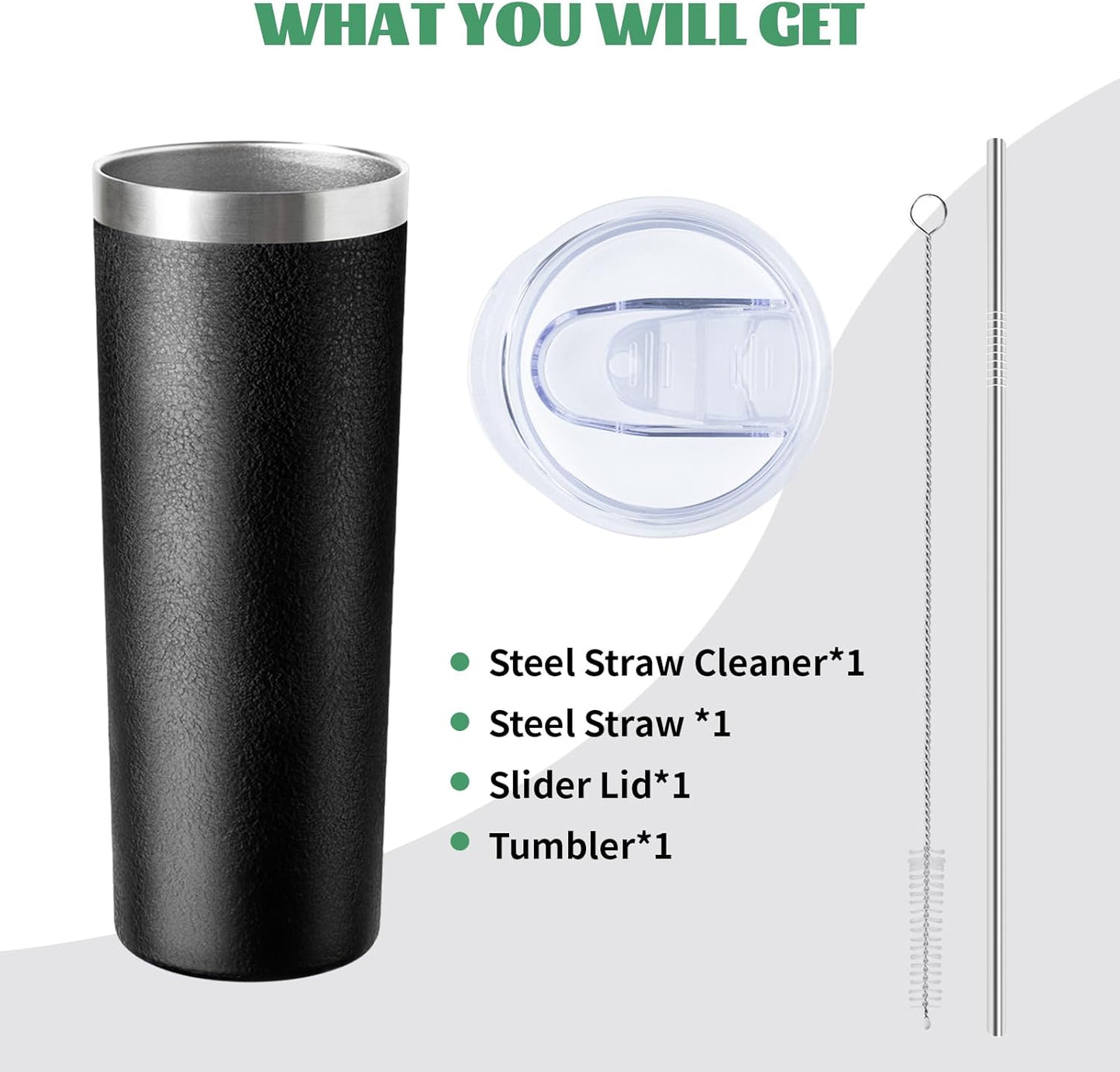 20 oz Skinny Tumbler with Lid and Straw,Stainless Steel Vacuum Insulated Tumbler Double Wall Travel Coffee Mug,Insulated Cup for Coffee, Tea, Beverages,Office (Texture Black,1)