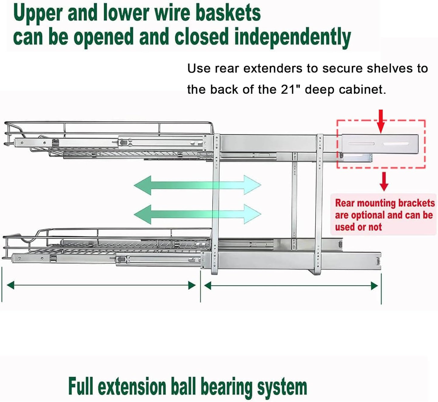 DINDON 2 Tier Pull Out Cabinet Organizer (17" W x 18" D) Heavy-Duty Metal Sliding Drawer Shelf, Two Tier Pull Out Shelves for Kitchen Cabinets, Pantry, Bathroom, Chrome Finish