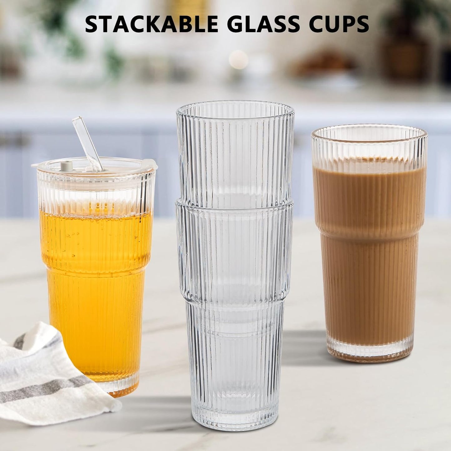 20oz Ribbed Glass Cups with Lids and Straws 2 Set, Vintage Glassware for Whiskey Cocktail Beer, Glass Tumbler, Iced Coffee Cups For Cold Drinks, Smoothie, Juice,Drinking (2)