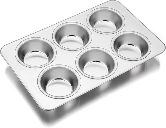TeamFar Muffin Pan, 6 Cup Muffin Pan for Baking, Cupcake Pan Muffin Tin Tray Set Stainless Steel for Making Cakes Cornbread Quiche and More, Healthy & Durable, Oven & Dishwasher Safe