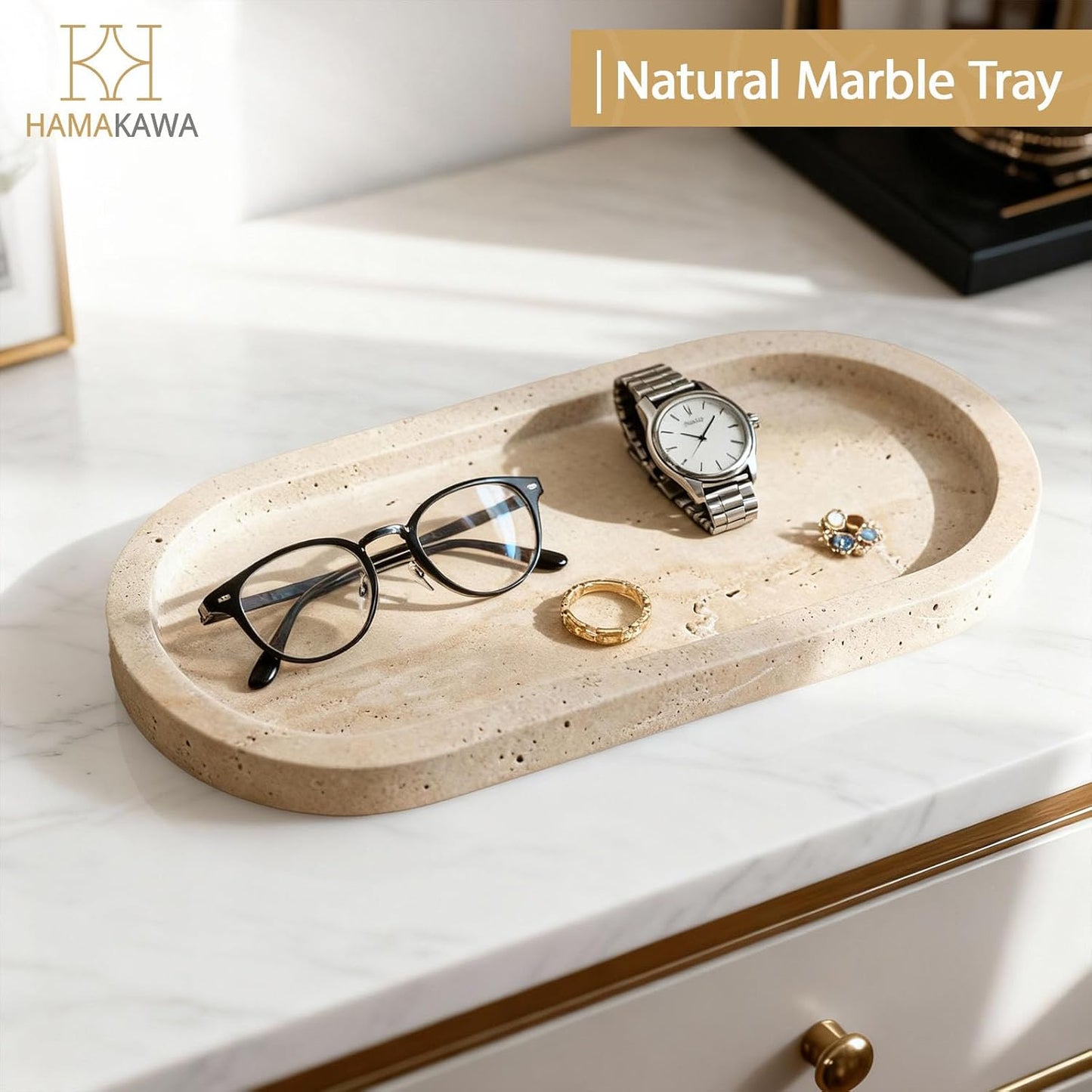 Bathroom Vanity Tray, Natural Marble Oval Sink Tray 10 Inch, Beige Travertine Vanity Tray for Soap Dispenser Modern Countertop Organizer for Kitchen Countertops, Home Decor