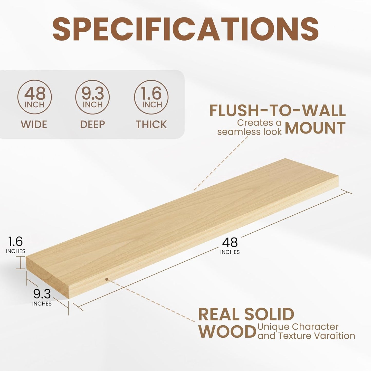 48" Solid Wood Floating Shelves, 9.3 Inch Deep Floating Shelves for Wall, Rustic Wooden Shelves for Wall Decor, Large Fireplace Mantel for Storage, Deep Floating Shelf Set of 1, Burlywood