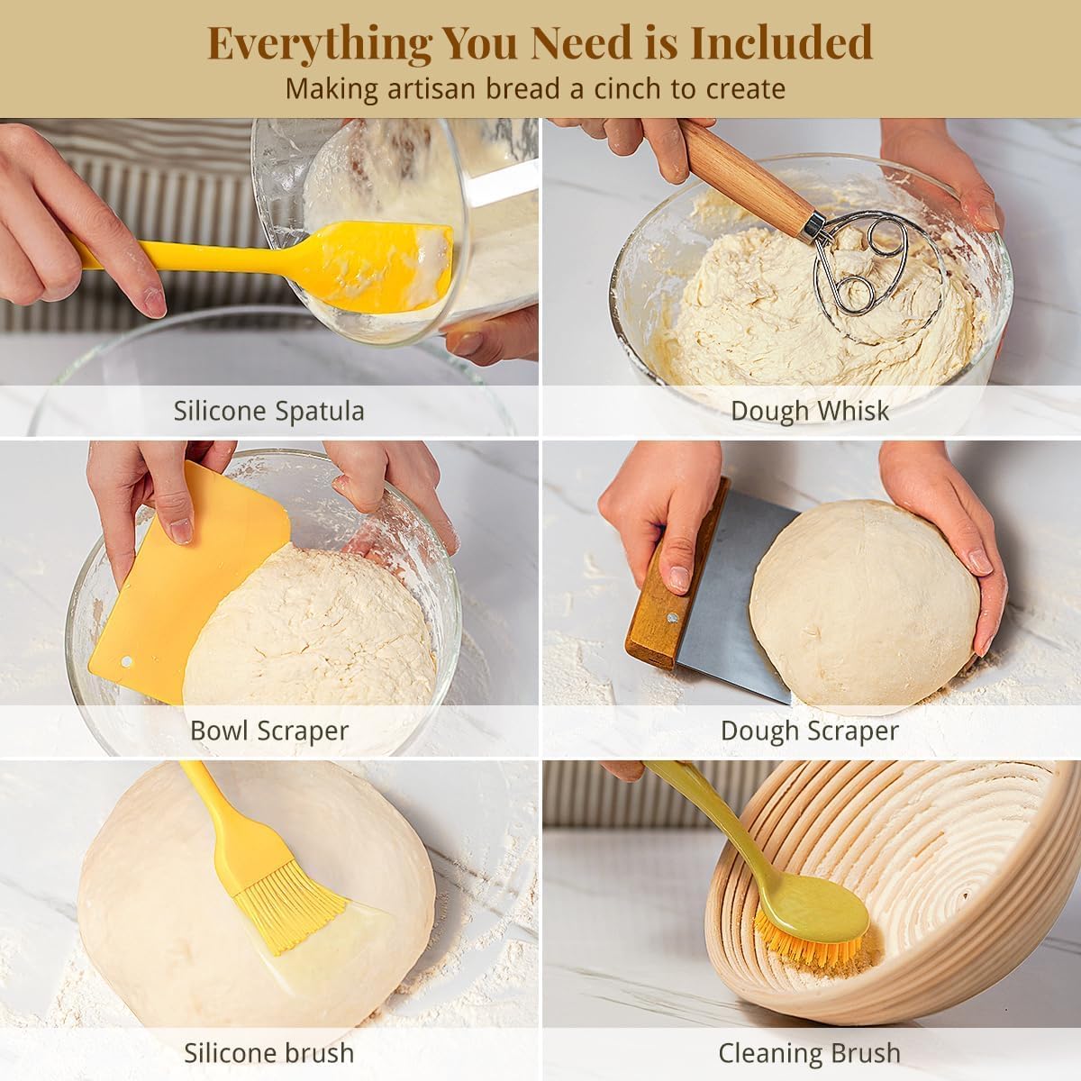 9 Inch Round Banneton Bread Proofing Basket Sourdough Starter Kit, Sourdough Bread Baking Supplies with Bread Lame, Sling, Spatula, Scraper, Dough Whisk