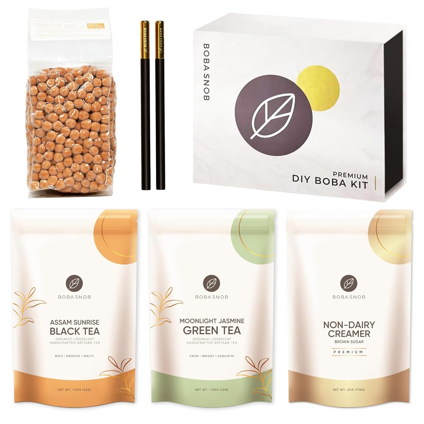 Boba Snob Boba Tea Making Kit, Bubble Tea Kit with Boba Gift Set, Boba Tea Maker Kit with 5 Premium Loose Leaf Teas, Tumbler, Two Stainless Steel Boba Straws, Teaspoon, and Tapioca Boba Pearls (Small)