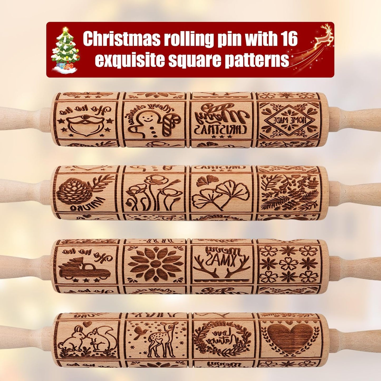 17" Premium Wood Rolling Pin with XMAS Embossed Designs | 3mm Deep Springerle Cookie Molds | Christmas Rolling Pin & Baking Gifts for Women | Includes 3-in-1 Cleaning Brush