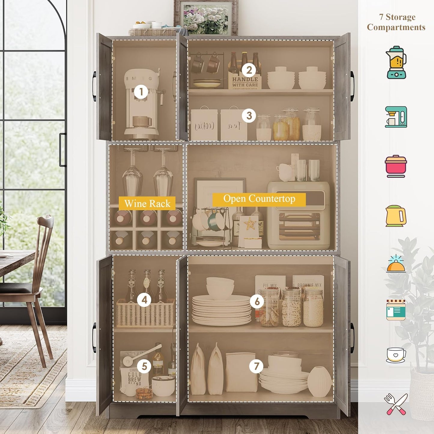 HOSTACK Kitchen Pantry Storage Cabinet, 71" Tall Food Pantry Cabinet with Microwave Stand, Farmhouse Kitchen Hutch, Coffee Bar Hutch with Wine Rack for Dining Room, Living Room, Ash Grey