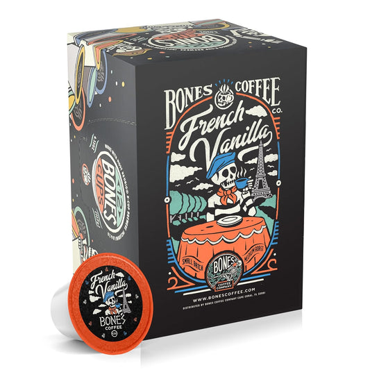 Bones Coffee Company Flavored Coffee Bones Cups French Vanilla Flavored Pods | 12ct Single-Serve Coffee Pods Compatible with Keurig 1.0 & 2.0 Keurig Coffee Maker