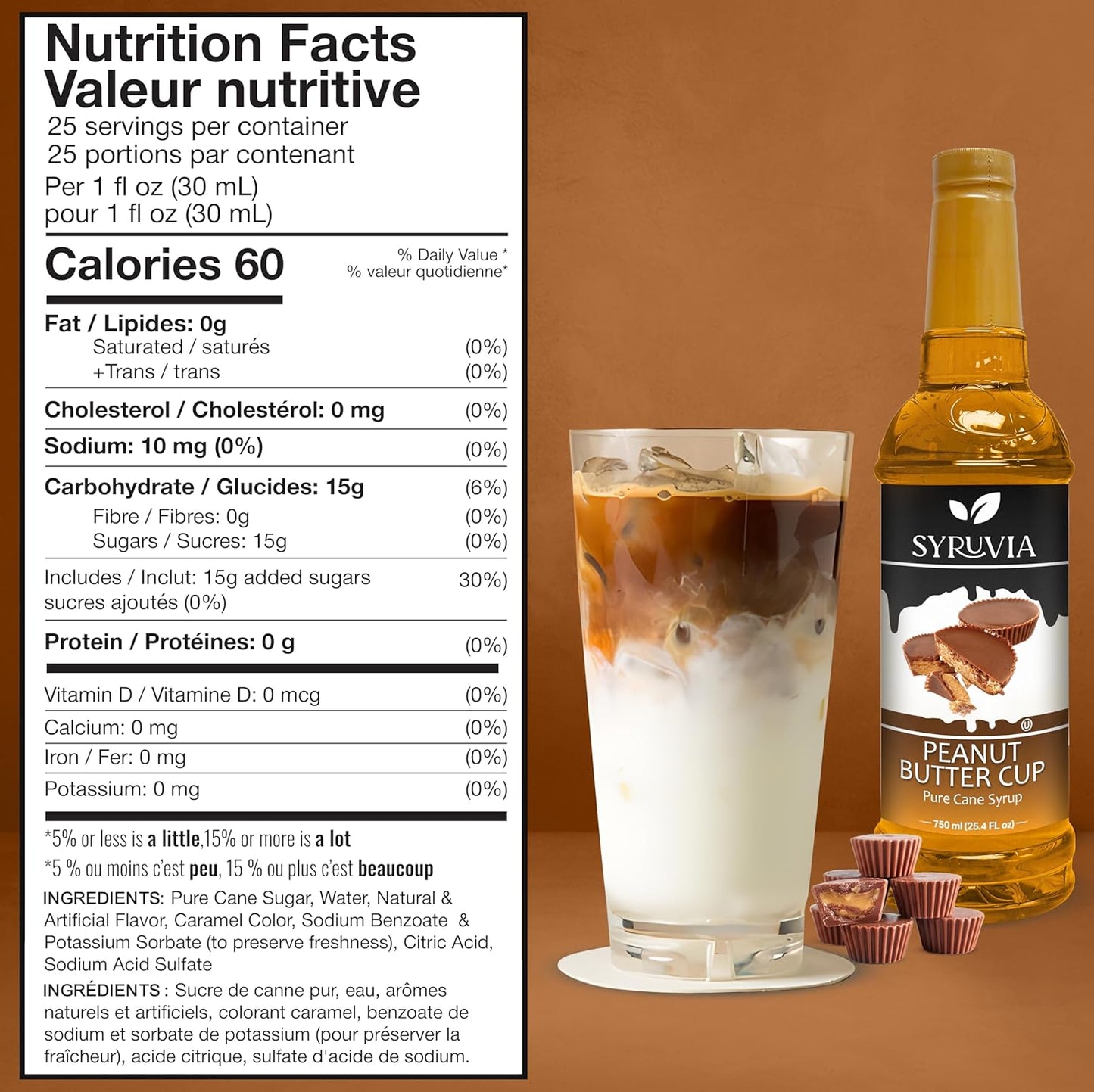 Syruvia Peanut Butter Cup Syrup for Coffee, Sweet Coffee Flavoring, 25.4 fl oz, Kosher, Gluten Free, Perfect for Lattes, Smoothies, Shakes, Drinks, Desserts, and More.