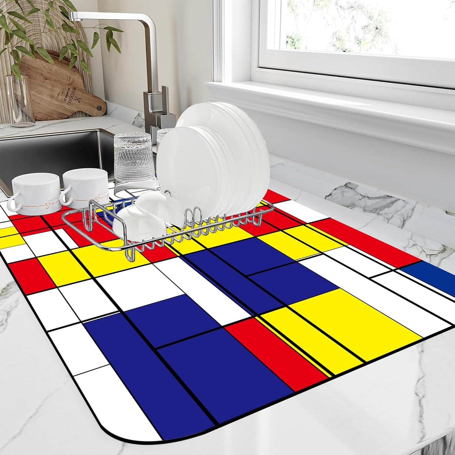 Dish Drying Mat Abstract Mosaic Geometric Color Coffee Mat,12"X19"Bsorbent Dish Drying Pad for Sink Dishes or Under Rack Kitchen Counter Accessories Absorbent Hide Backed Dish Drying Mat