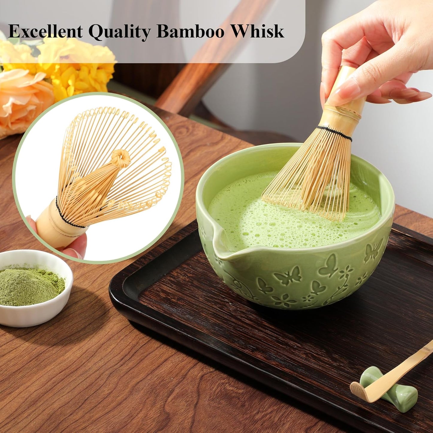 Ceramic Matcha Whisk Set 7 PCS Matcha Set Large Matcha Bowl, Matcha Whisk and Holder, Bamboo Scoop and Scoop Rest, Stainless Sifter and Tea Towel, Matcha Kit for Matcha Tea Ceremony Green